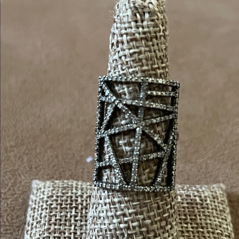 Black Diamond Geometric Silver Ring - image 5
